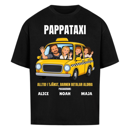 Pappataxi t-shirt med ditt foto som tecknad taxipappa och barnens namn. Personlig present till pappa
