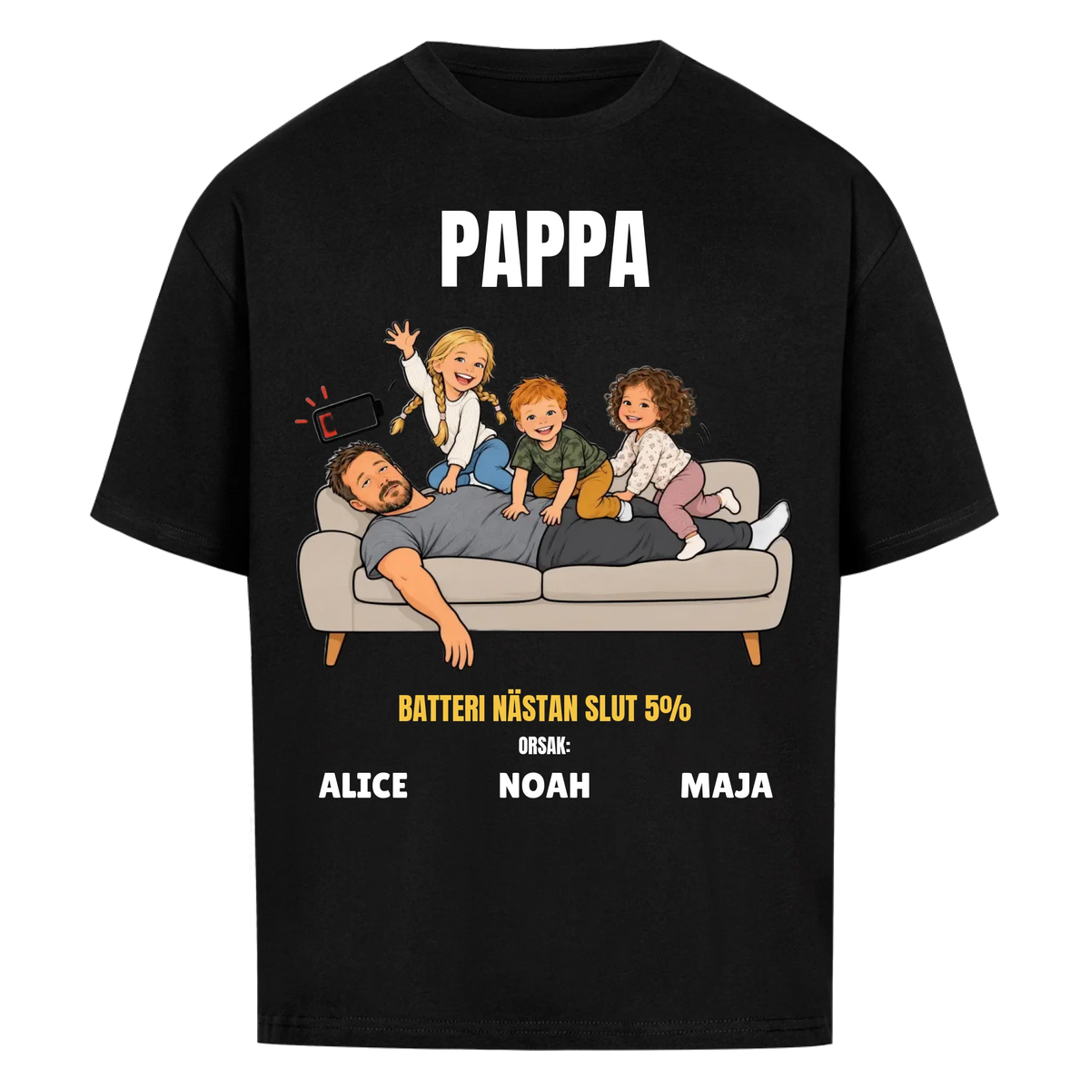 Pappa batteri 5% t-shirt med ditt foto som tecknad trött pappa och barnens namn. Rolig present till pappa