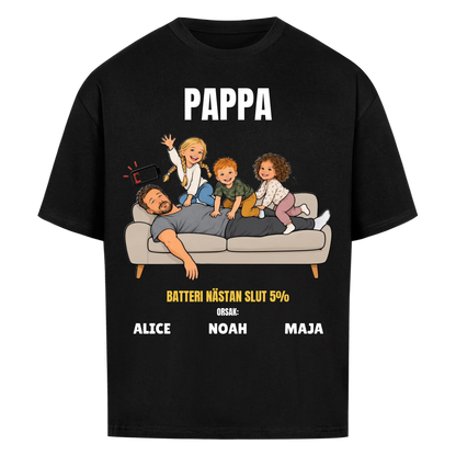 Pappa batteri 5% t-shirt med ditt foto som tecknad trött pappa och barnens namn. Rolig present till pappa