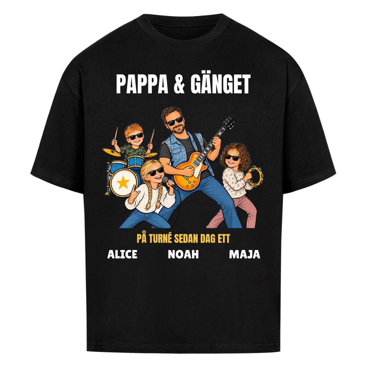 Pappa och gänget t-shirt med ditt foto som tecknat rockband och barnens namn. Personlig present till pappa