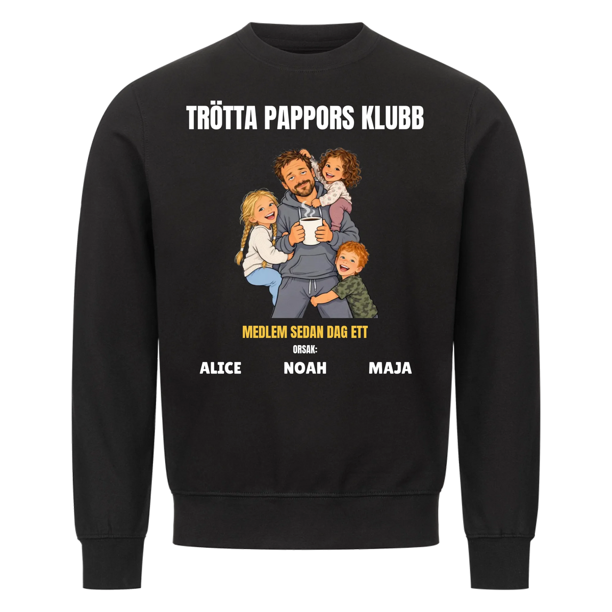 Trötta pappors klubb t-shirt med ditt foto som tecknad pappa och barnens namn. Rolig present till pappa