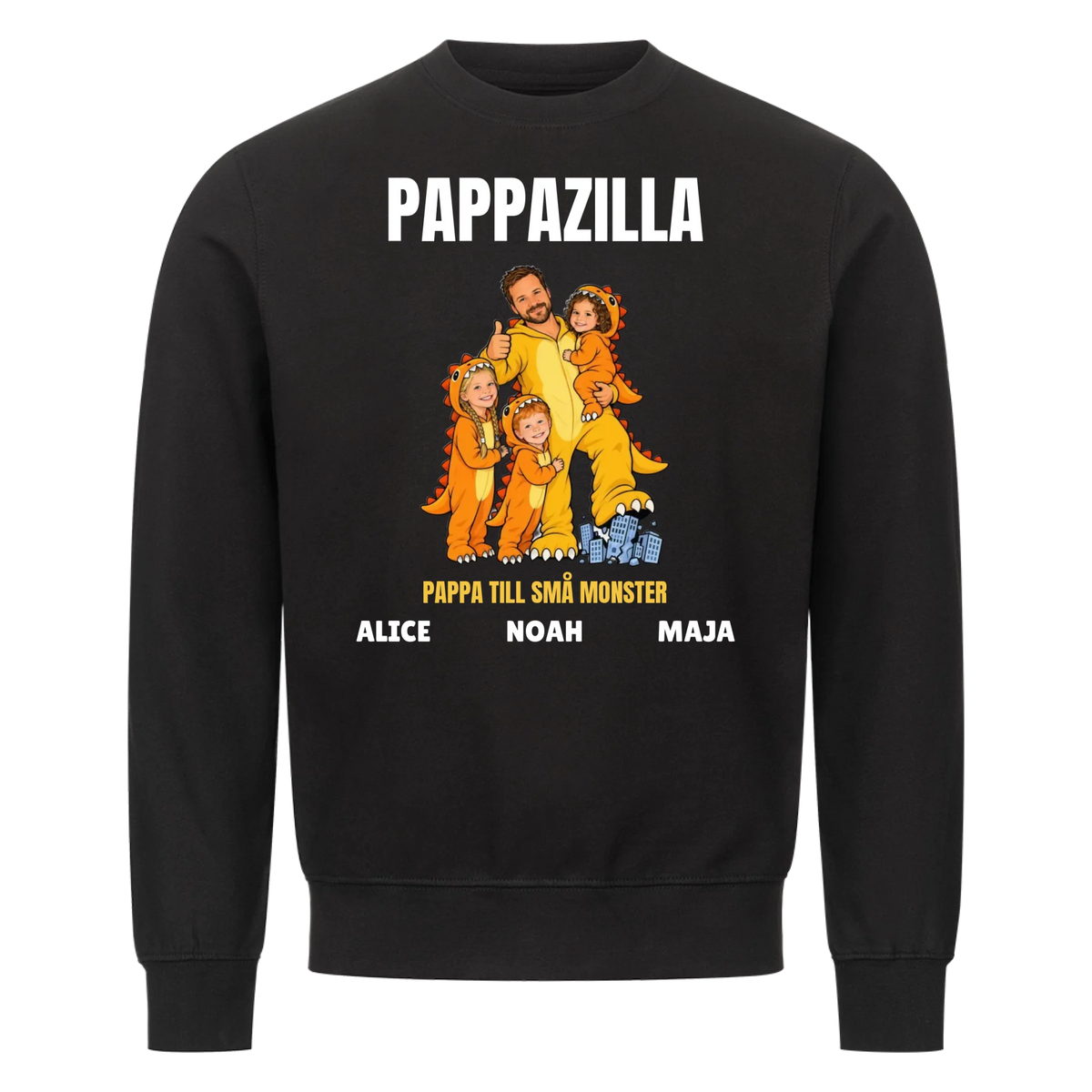 Pappazilla t-shirt med ditt foto som tecknad monsterpappa och barnens namn. Personlig present till pappa