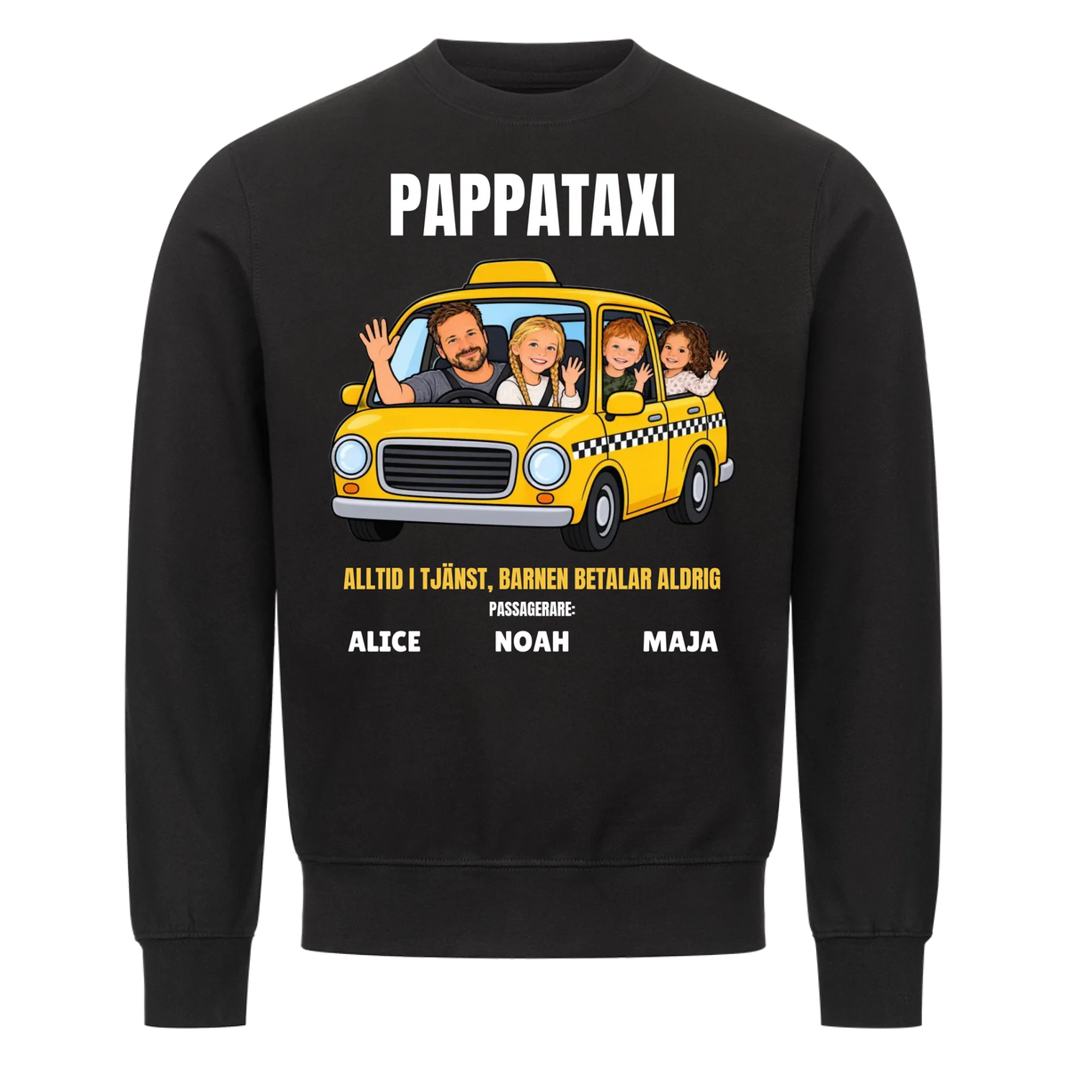 Pappataxi t-shirt med ditt foto som tecknad taxipappa och barnens namn. Personlig present till pappa