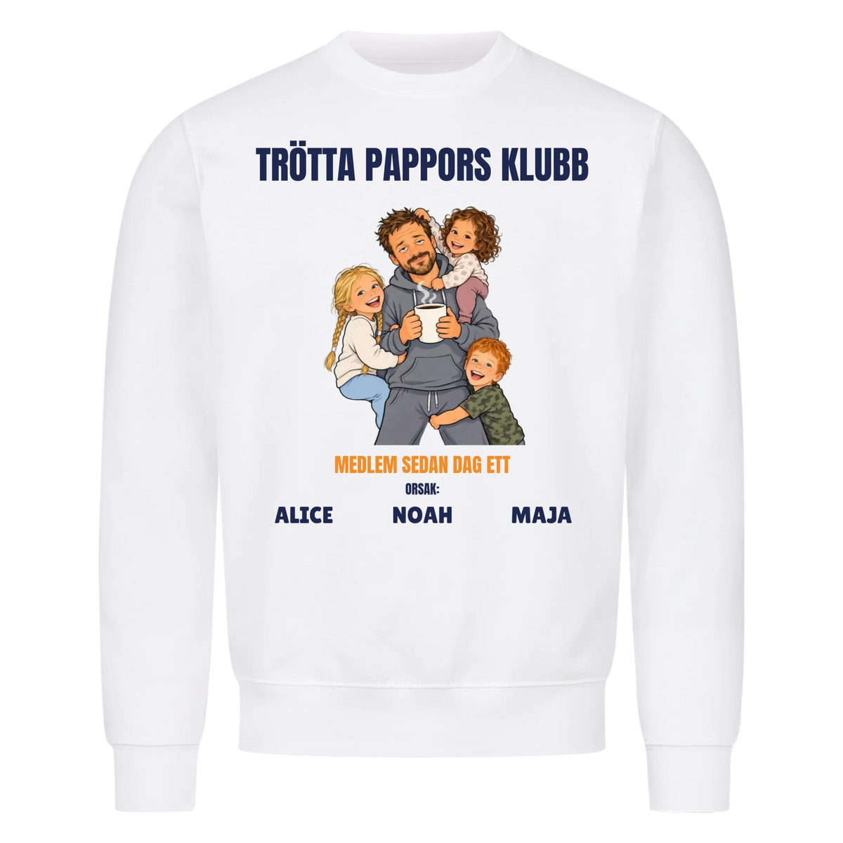 Trötta pappors klubb t-shirt med ditt foto som tecknad pappa och barnens namn. Rolig present till pappa