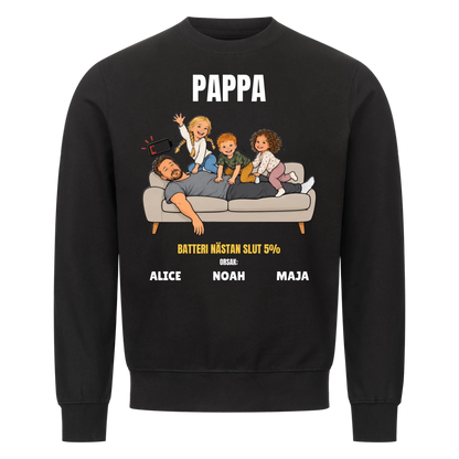 Pappa batteri 5% t-shirt med ditt foto som tecknad trött pappa och barnens namn. Rolig present till pappa