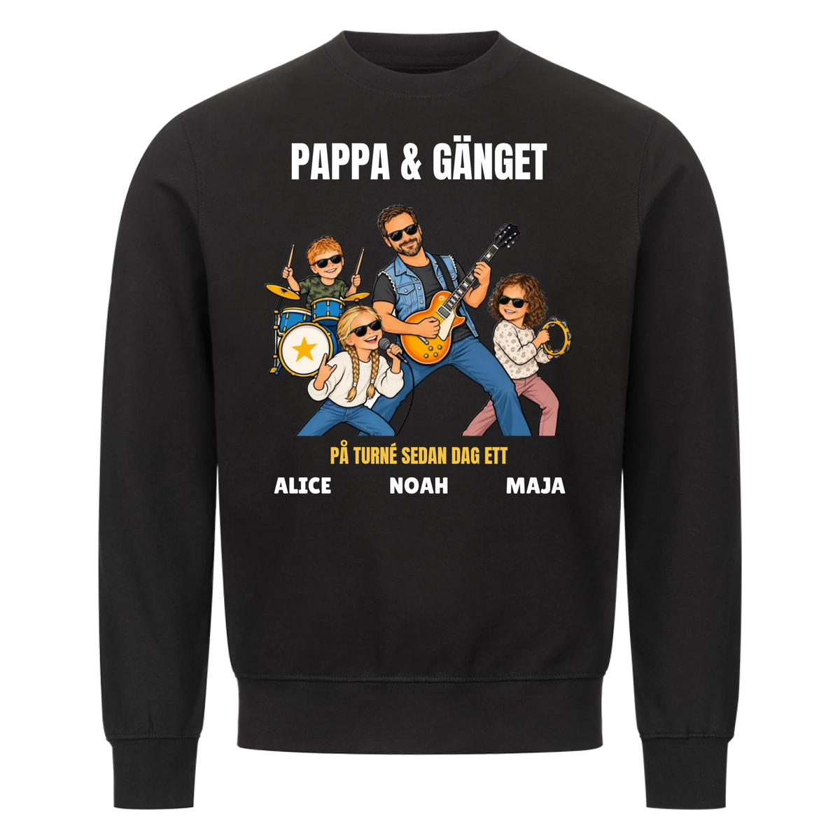 Pappa och gänget t-shirt med ditt foto som tecknat rockband och barnens namn. Personlig present till pappa
