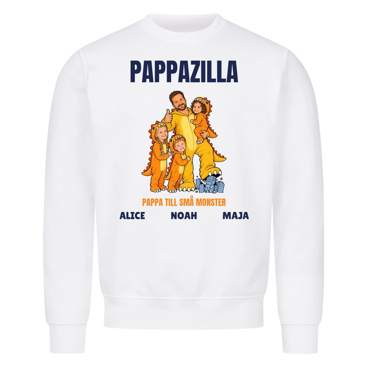 Pappazilla t-shirt med ditt foto som tecknad monsterpappa och barnens namn. Personlig present till pappa