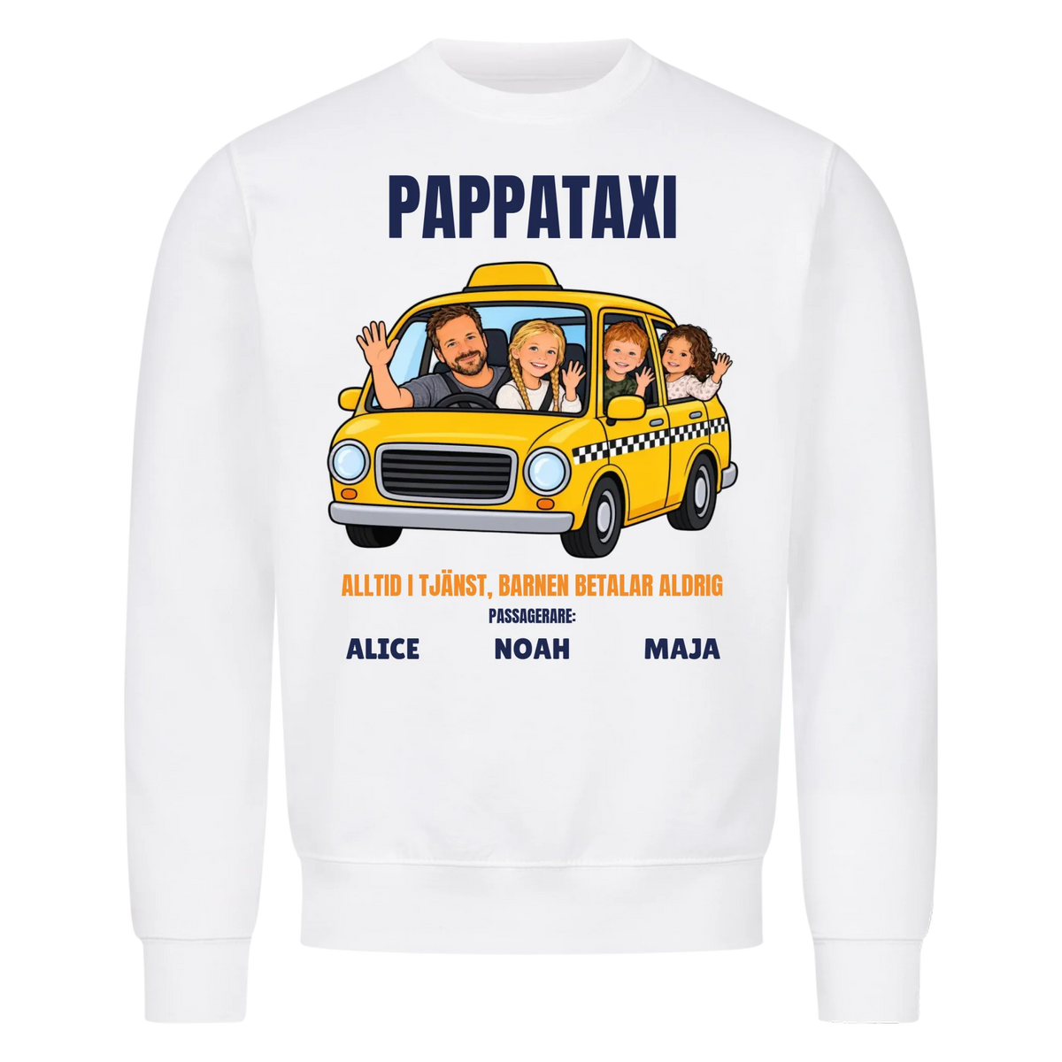 Pappataxi t-shirt med ditt foto som tecknad taxipappa och barnens namn. Personlig present till pappa