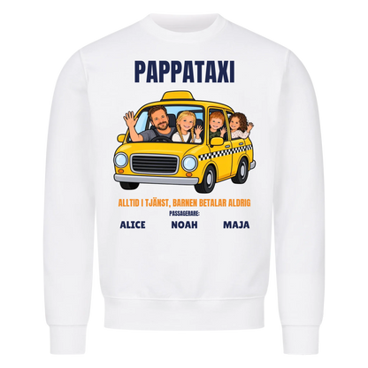 Pappataxi t-shirt med ditt foto som tecknad taxipappa och barnens namn. Personlig present till pappa