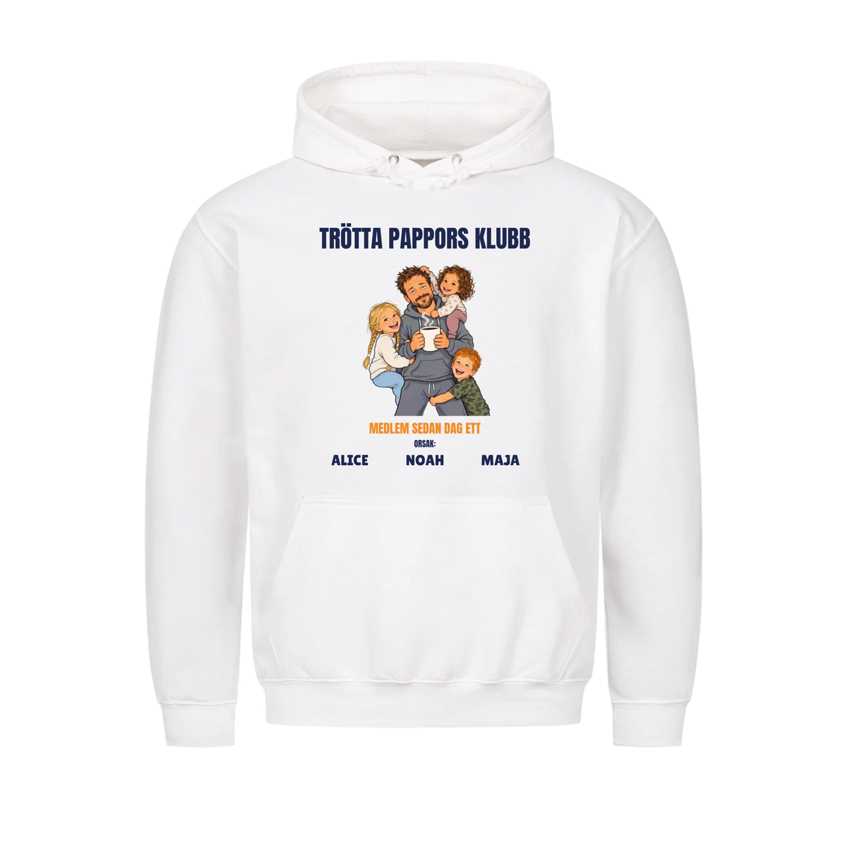 Trötta pappors klubb t-shirt med ditt foto som tecknad pappa och barnens namn. Rolig present till pappa