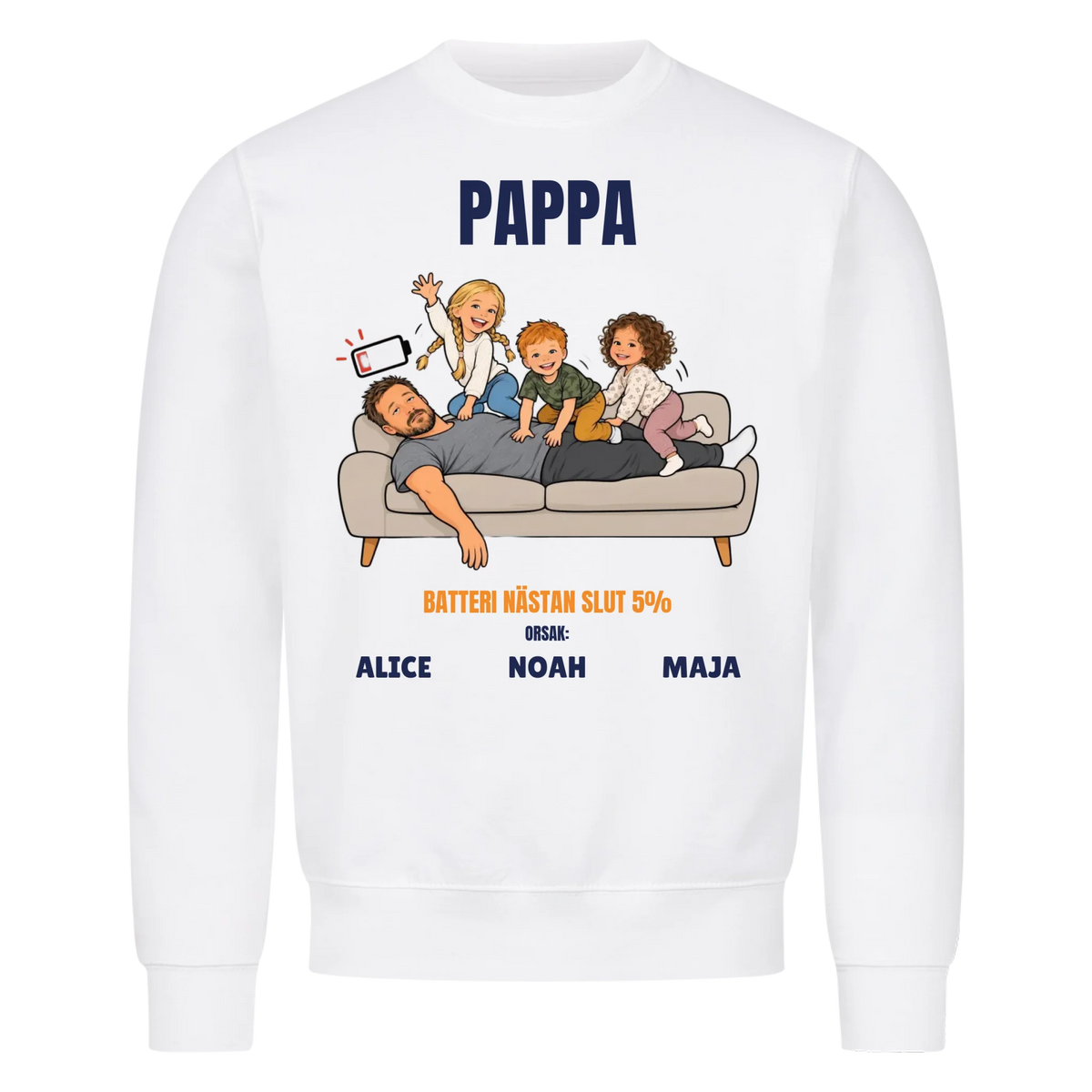 Pappa batteri 5% t-shirt med ditt foto som tecknad trött pappa och barnens namn. Rolig present till pappa