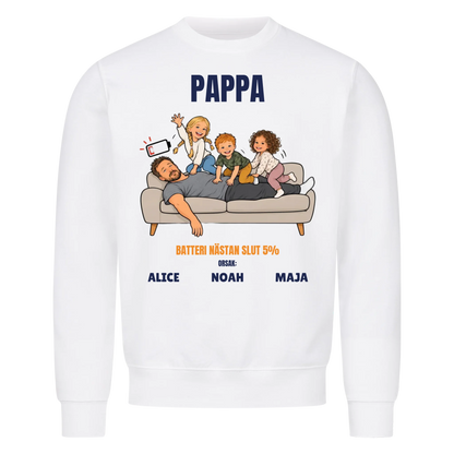Pappa batteri 5% t-shirt med ditt foto som tecknad trött pappa och barnens namn. Rolig present till pappa