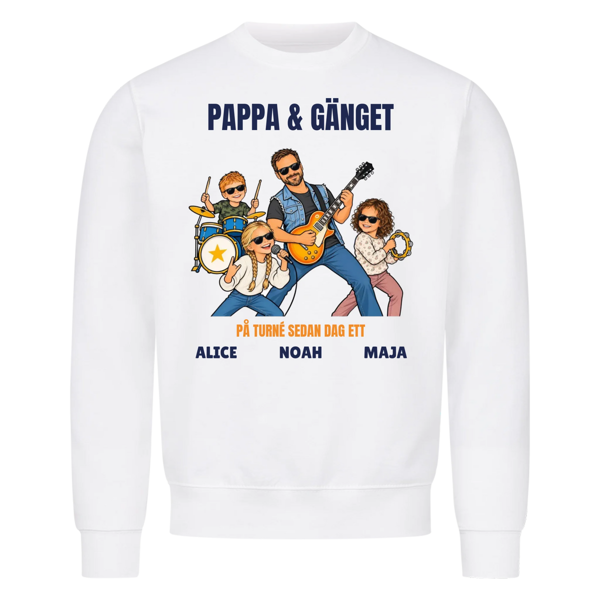 Pappa och gänget t-shirt med ditt foto som tecknat rockband och barnens namn. Personlig present till pappa