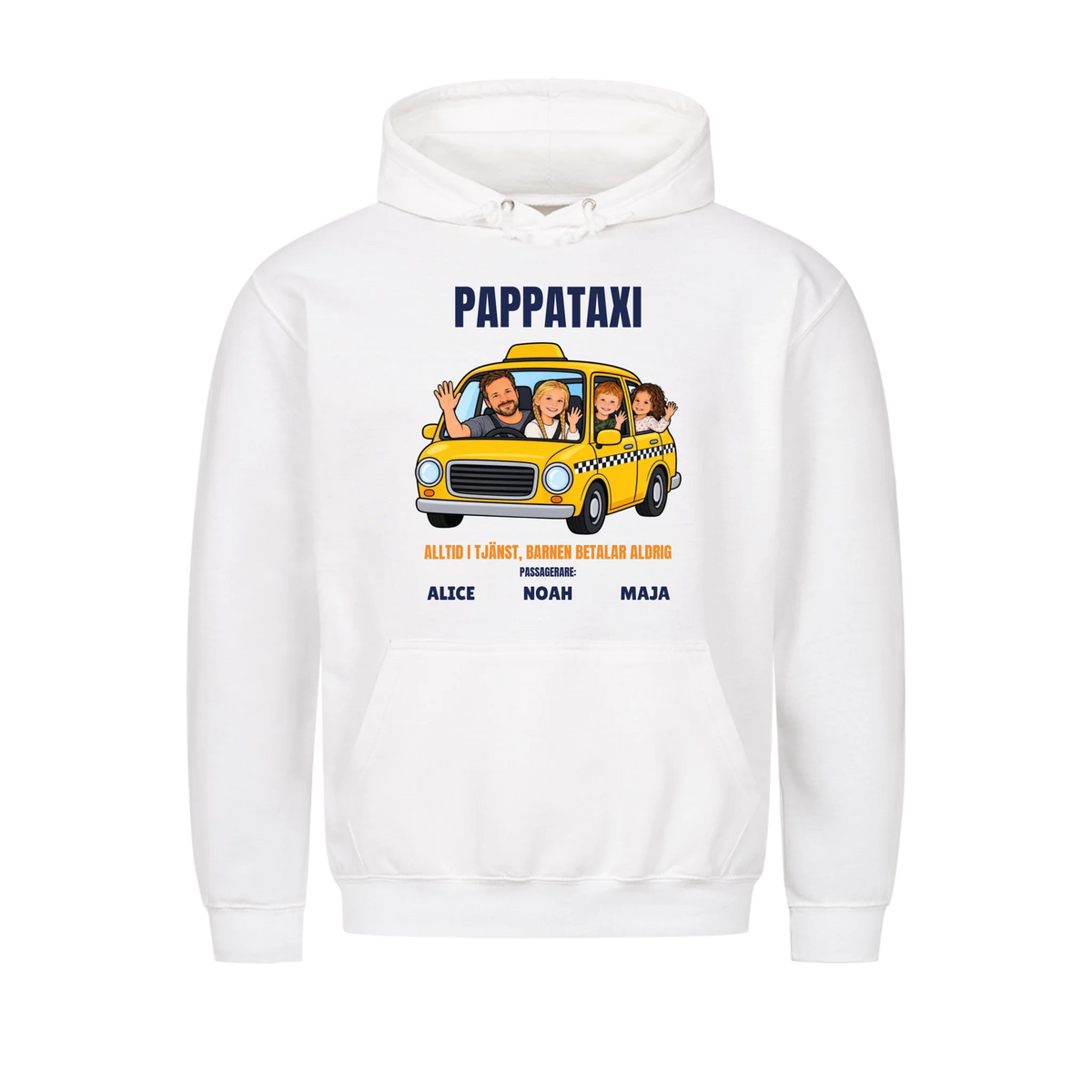 Pappataxi t-shirt med ditt foto som tecknad taxipappa och barnens namn. Personlig present till pappa