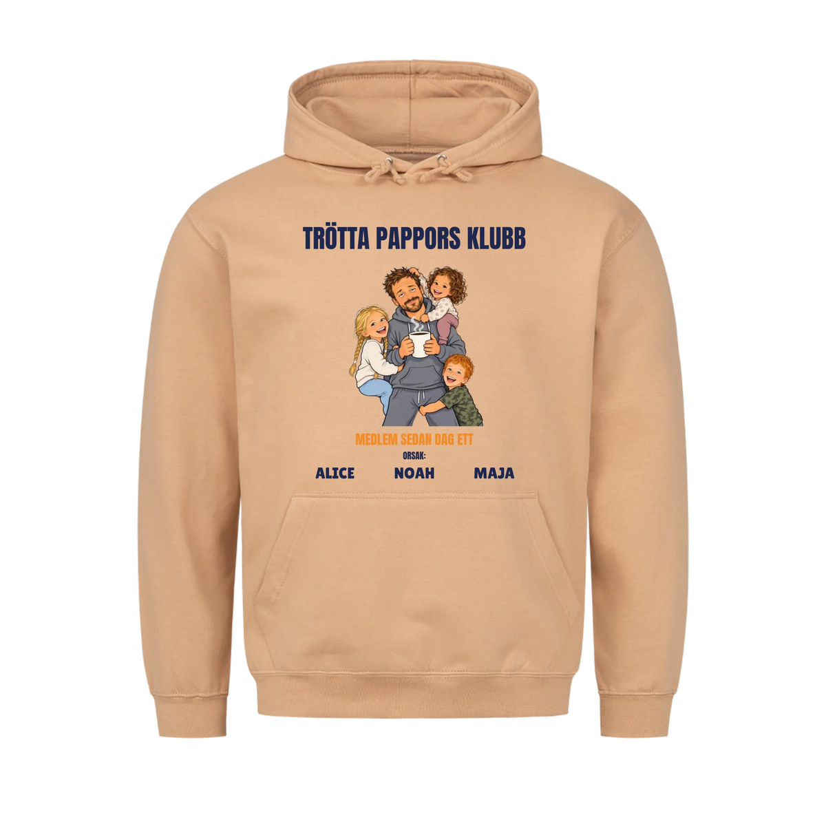 Trötta pappors klubb t-shirt med ditt foto som tecknad pappa och barnens namn. Rolig present till pappa