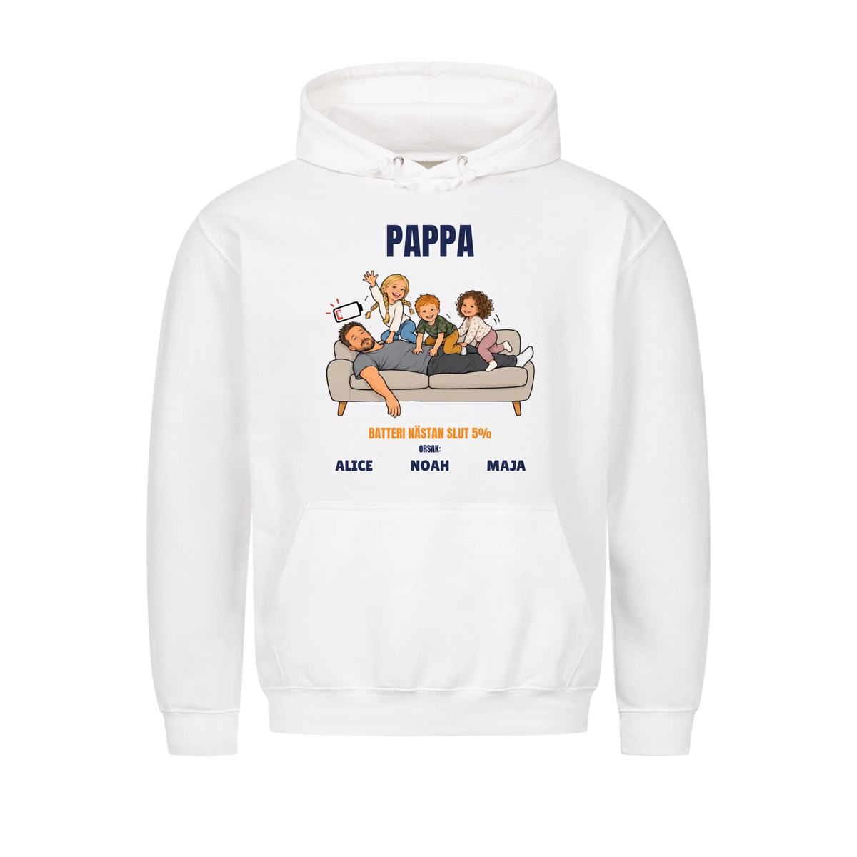 Pappa batteri 5% t-shirt med ditt foto som tecknad trött pappa och barnens namn. Rolig present till pappa