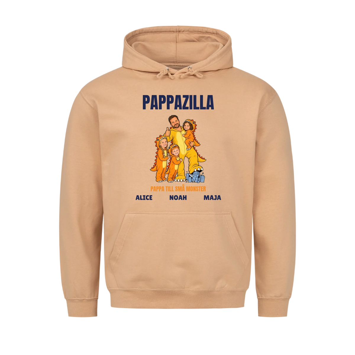 Pappazilla t-shirt med ditt foto som tecknad monsterpappa och barnens namn. Personlig present till pappa