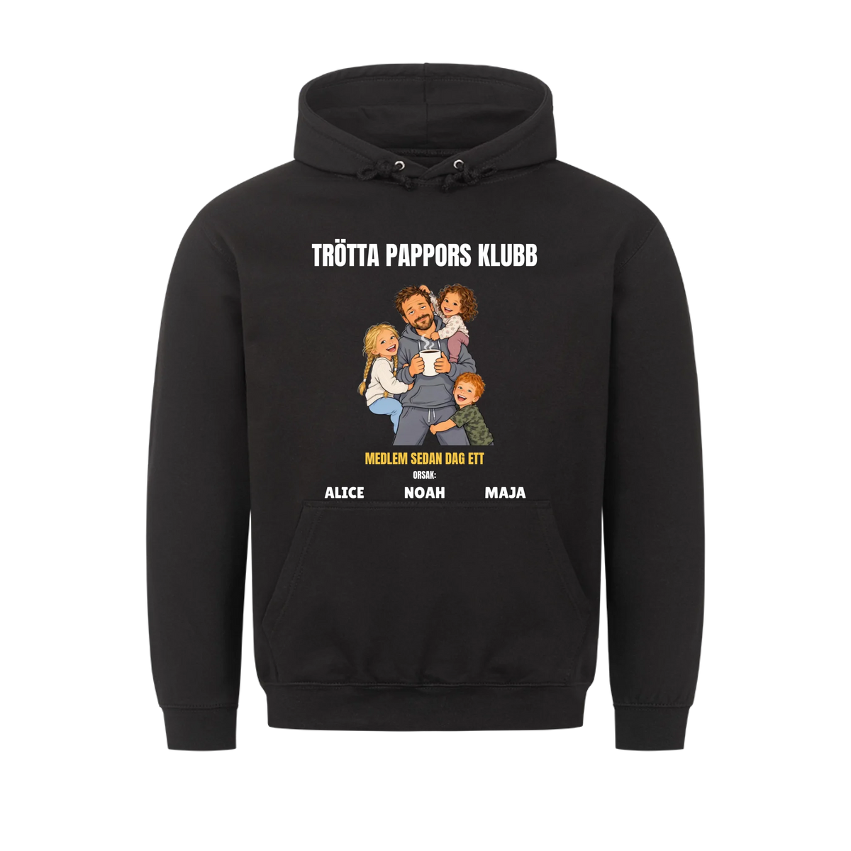 Trötta pappors klubb t-shirt med ditt foto som tecknad pappa och barnens namn. Rolig present till pappa