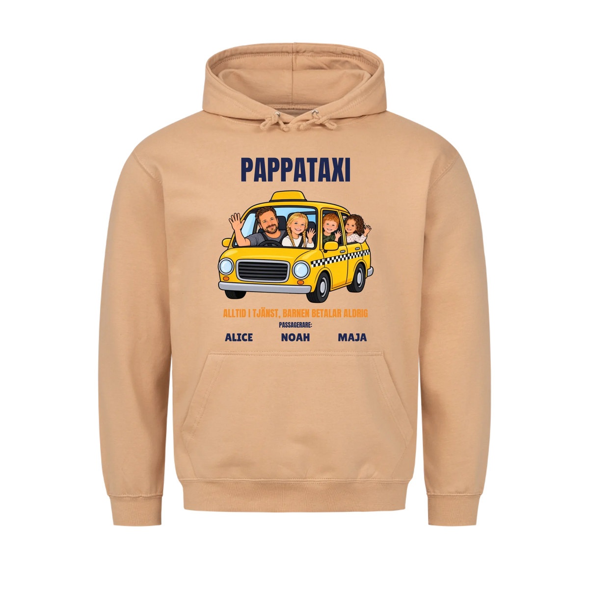 Pappataxi t-shirt med ditt foto som tecknad taxipappa och barnens namn. Personlig present till pappa