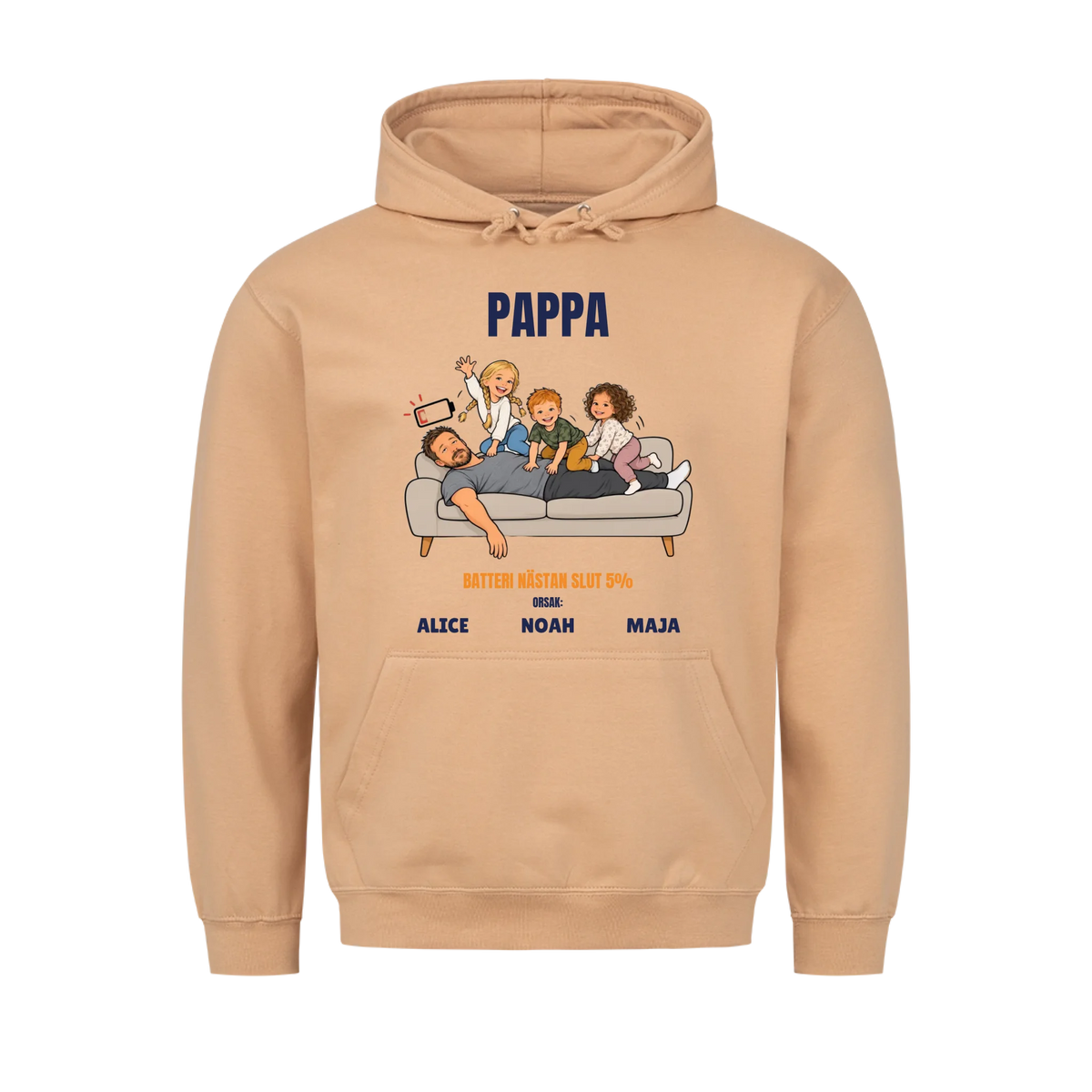 Pappa batteri 5% t-shirt med ditt foto som tecknad trött pappa och barnens namn. Rolig present till pappa