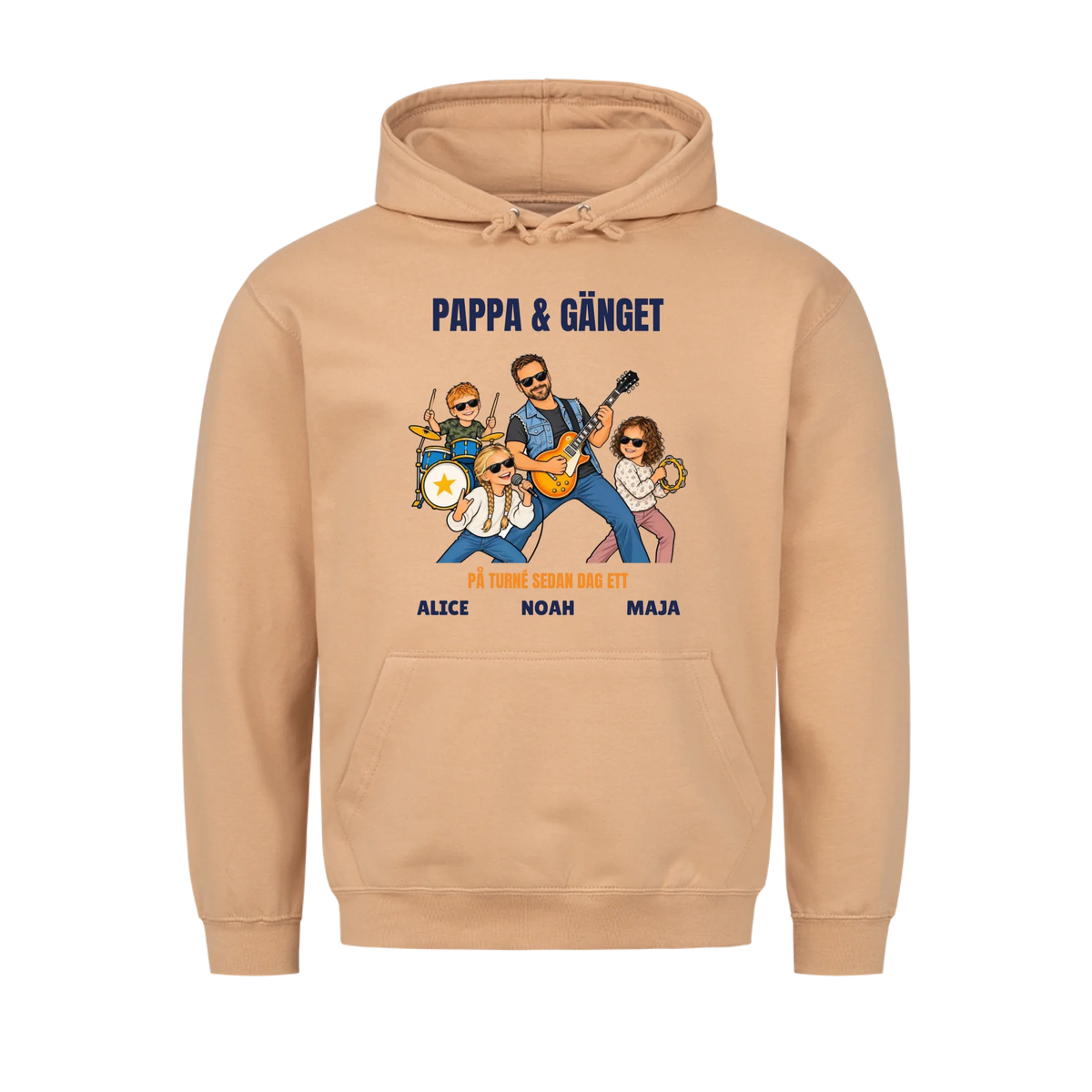Pappa och gänget t-shirt med ditt foto som tecknat rockband och barnens namn. Personlig present till pappa