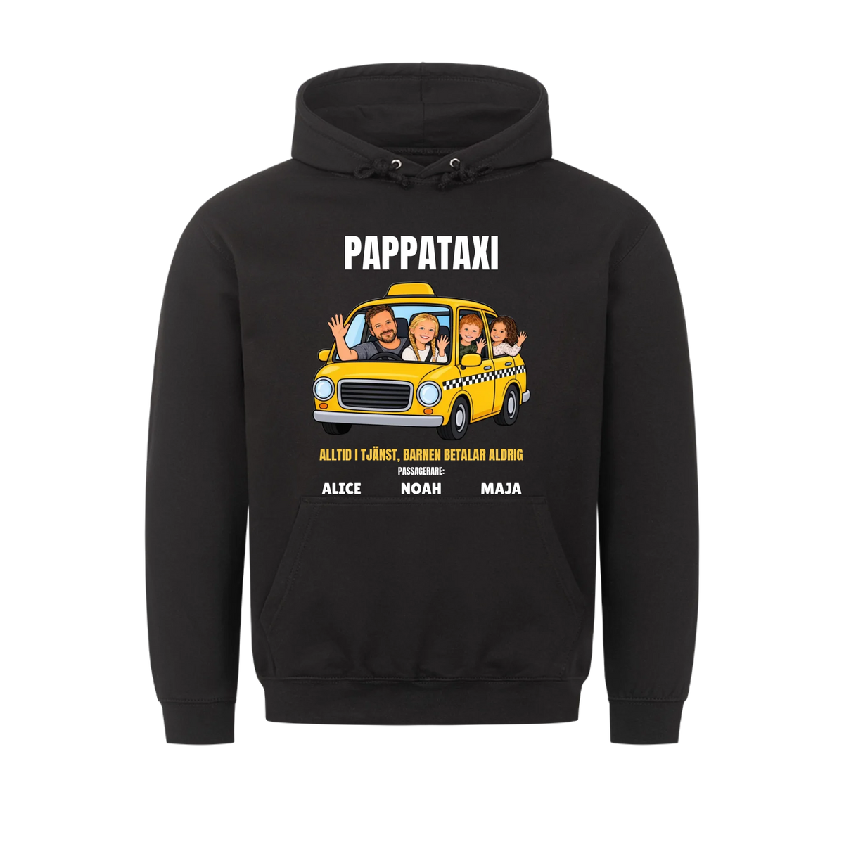 Pappataxi t-shirt med ditt foto som tecknad taxipappa och barnens namn. Personlig present till pappa