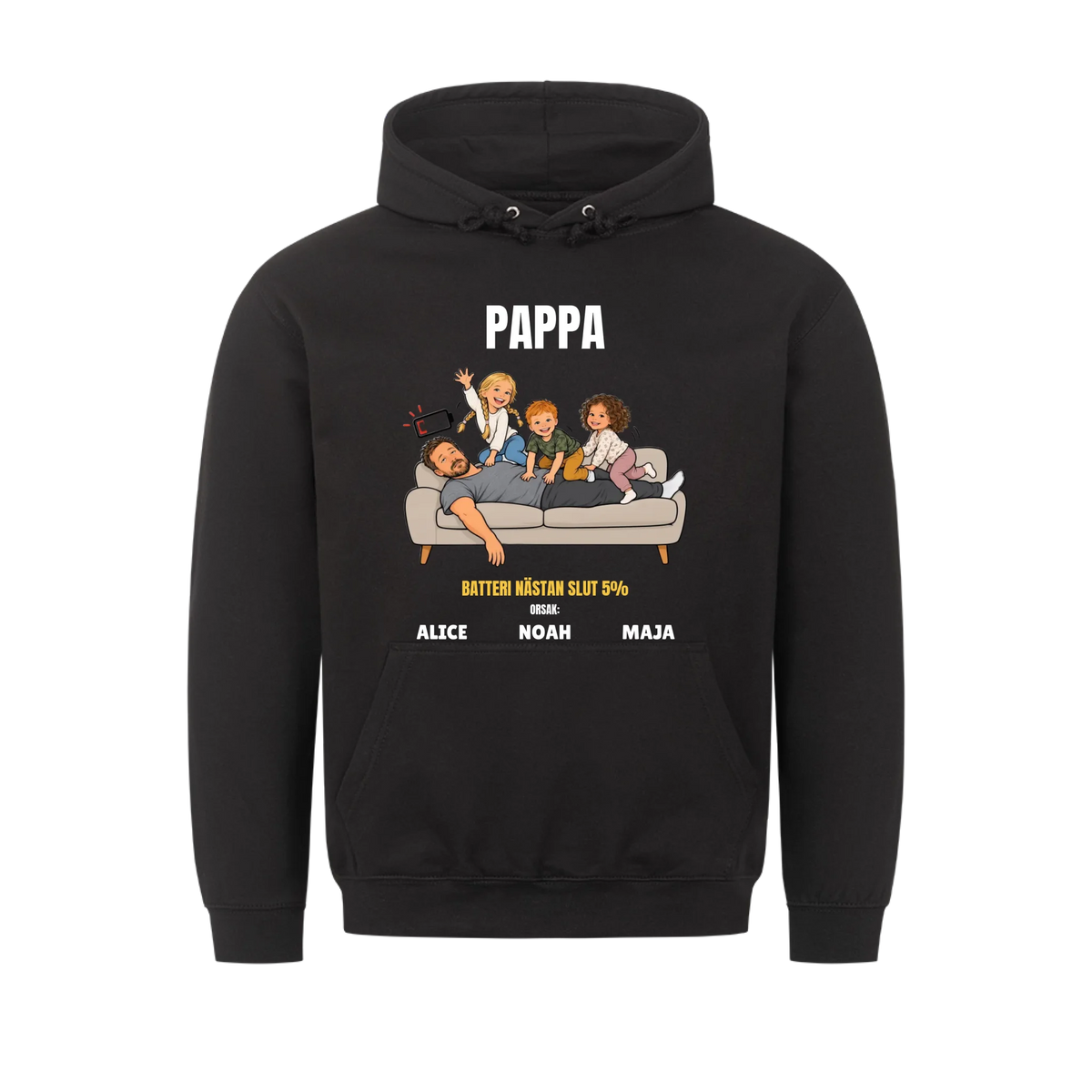 Pappa batteri 5% t-shirt med ditt foto som tecknad trött pappa och barnens namn. Rolig present till pappa