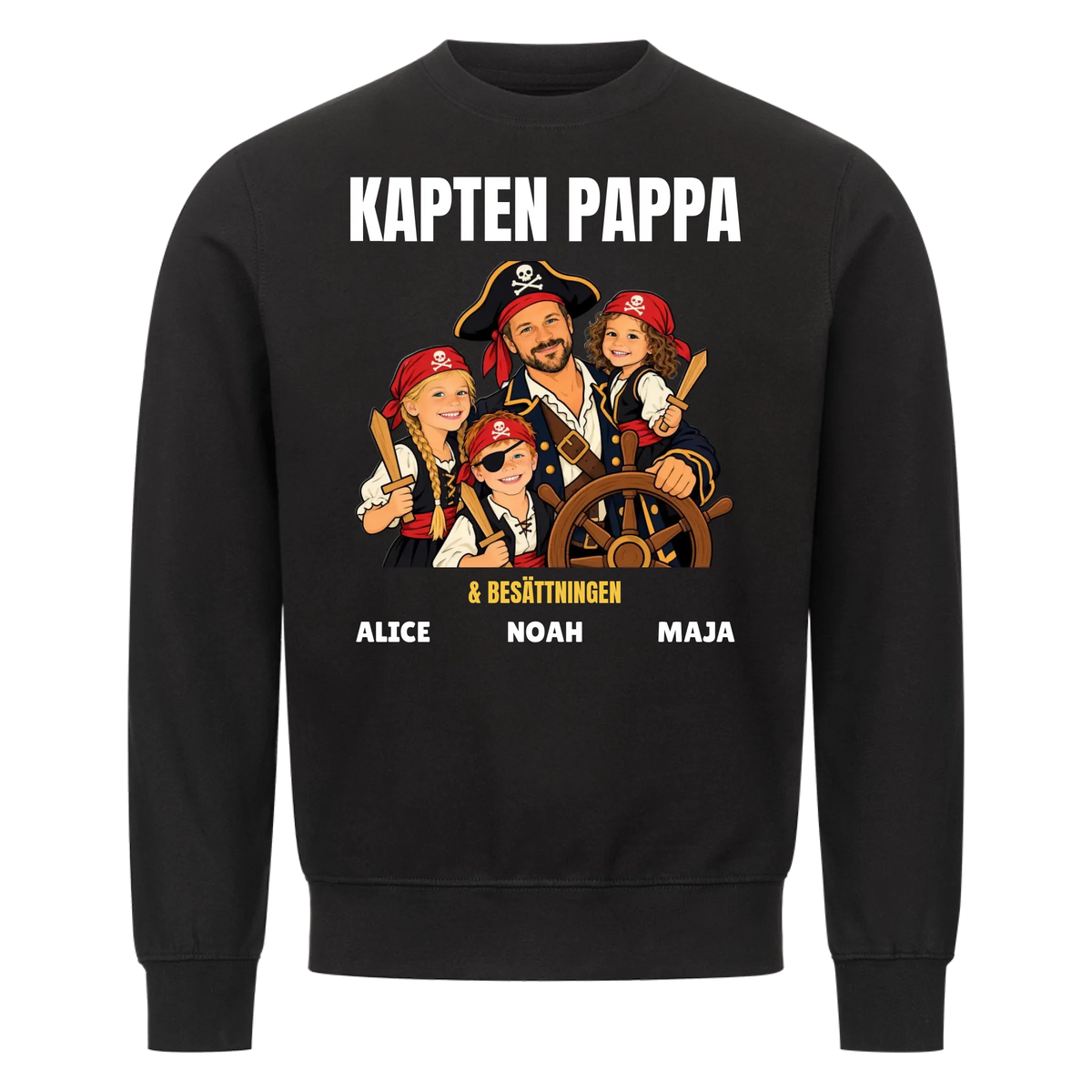 Kapten pappa t-shirt med ditt foto som tecknad piratkapten och barnens namn. Personlig present till pappa