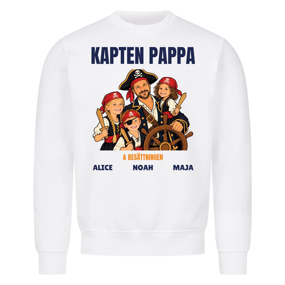 Kapten pappa t-shirt med ditt foto som tecknad piratkapten och barnens namn. Personlig present till pappa