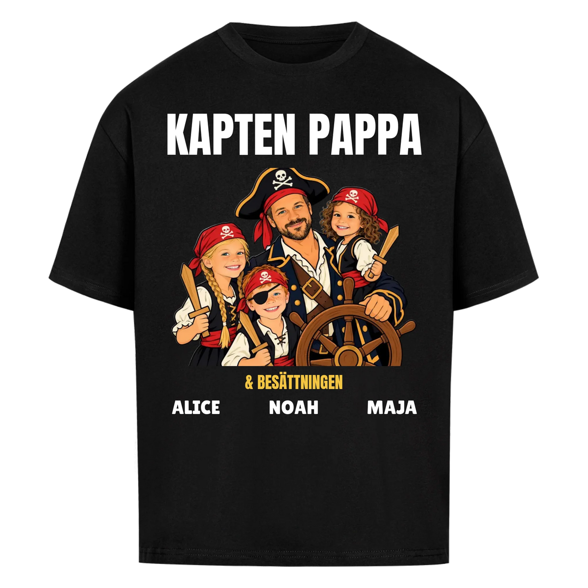 Kapten pappa t-shirt med ditt foto som tecknad piratkapten och barnens namn. Personlig present till pappa