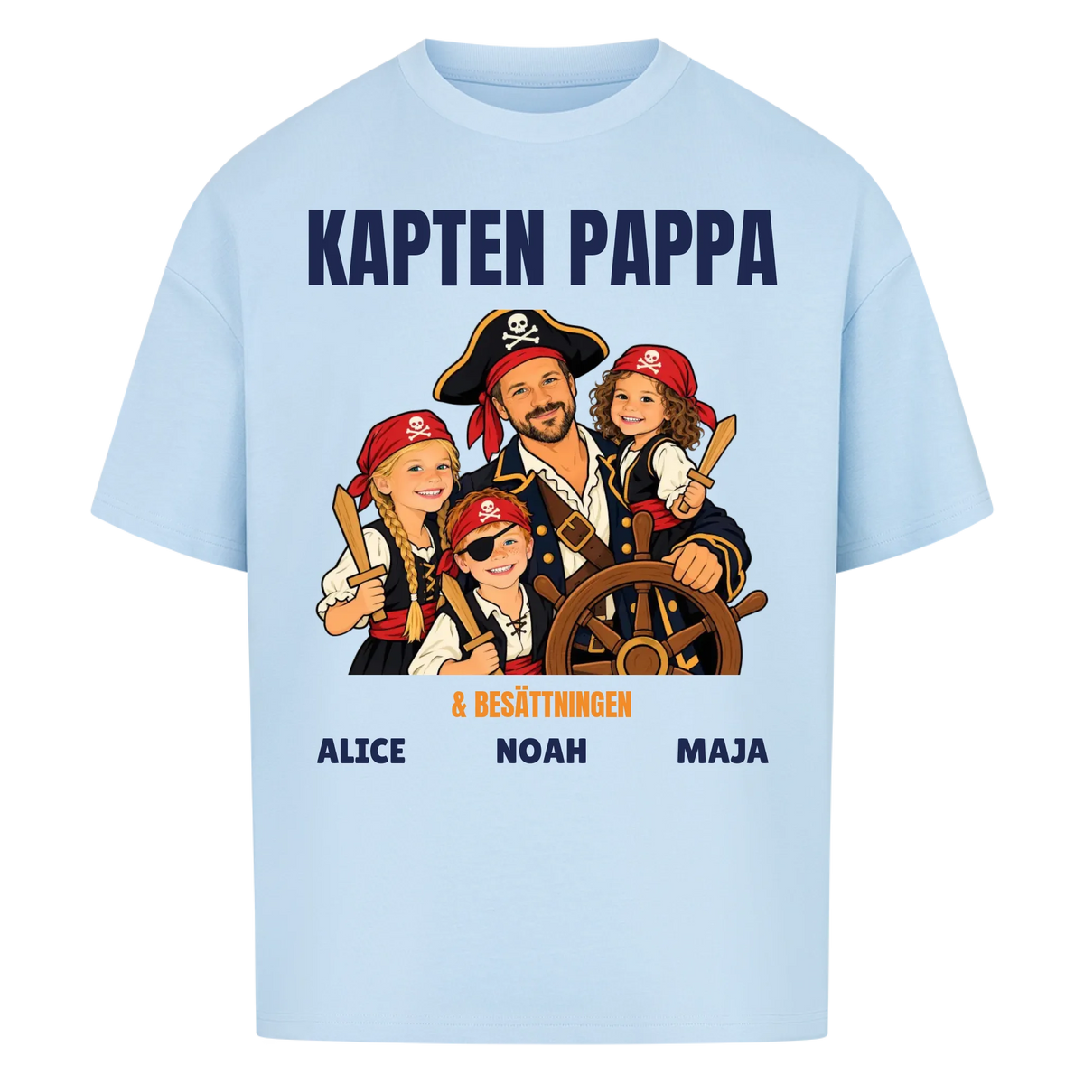 Kapten pappa t-shirt med ditt foto som tecknad piratkapten och barnens namn. Personlig present till pappa