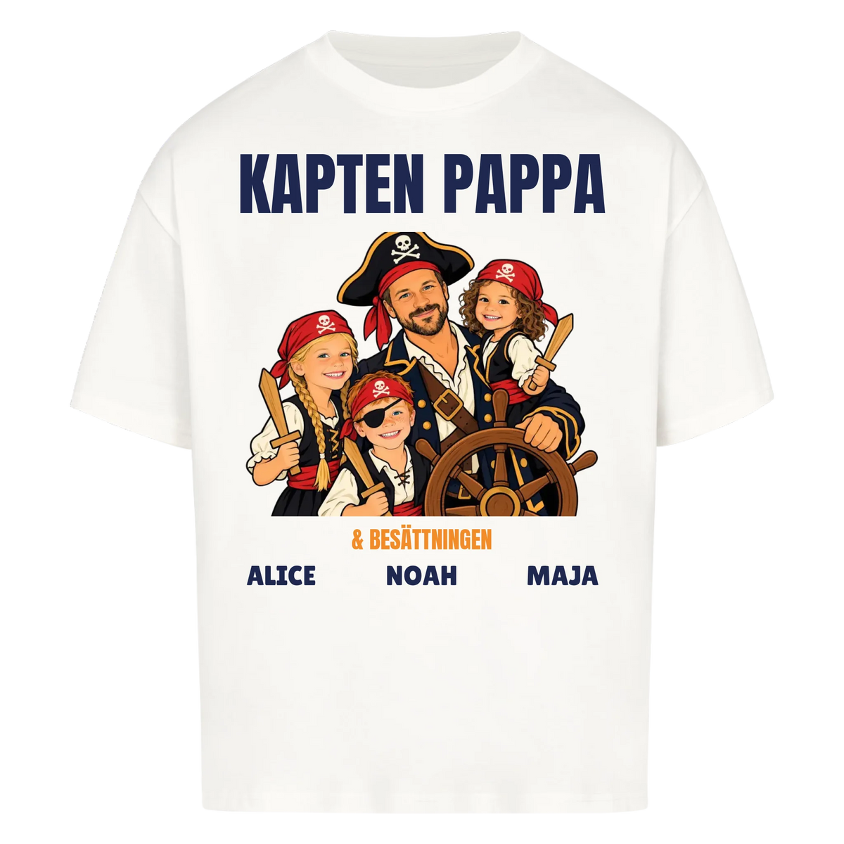 Kapten pappa t-shirt med ditt foto som tecknad piratkapten och barnens namn. Personlig present till pappa