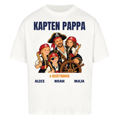 Kapten pappa t-shirt med ditt foto som tecknad piratkapten och barnens namn. Personlig present till pappa