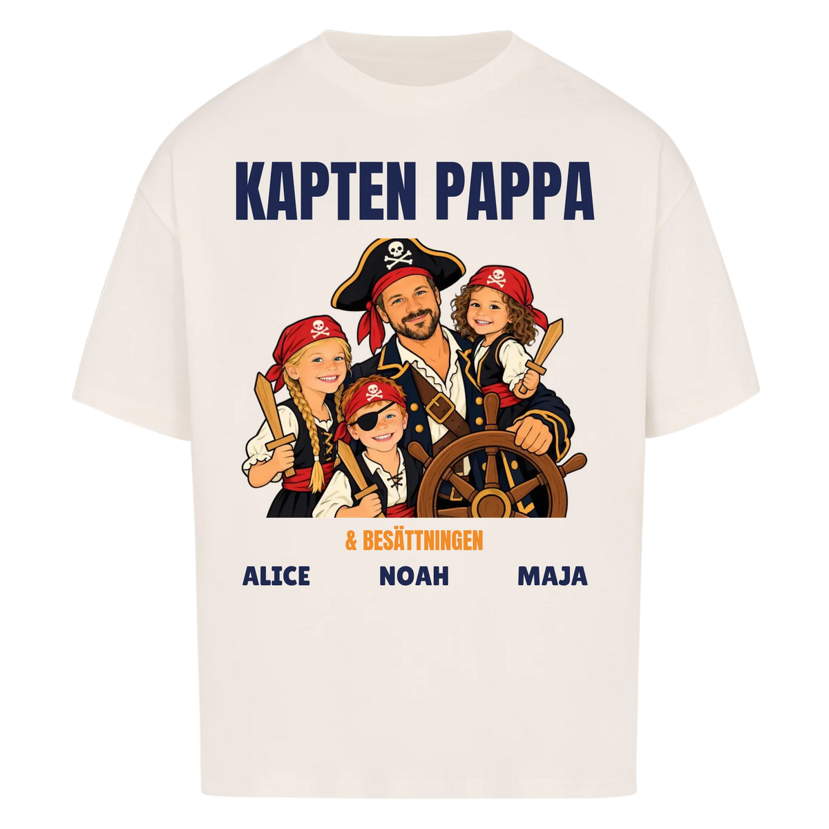 Kapten pappa t-shirt med ditt foto som tecknad piratkapten och barnens namn. Personlig present till pappa