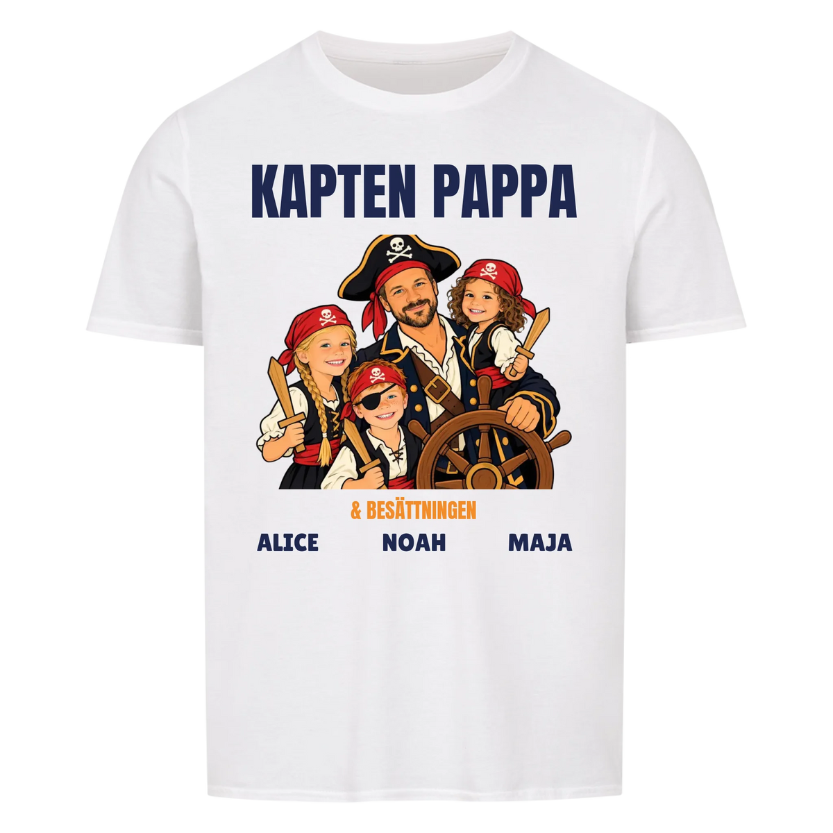 Kapten pappa t-shirt med ditt foto som tecknad piratkapten och barnens namn. Personlig present till pappa