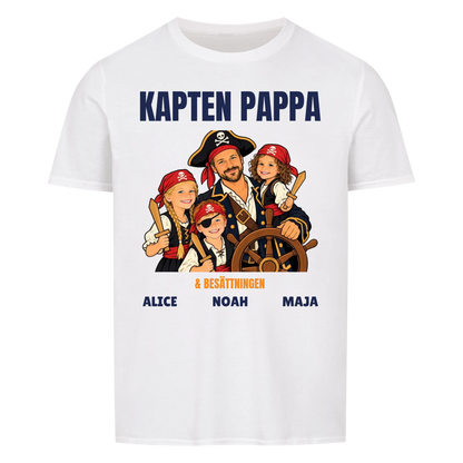 Kapten pappa t-shirt med ditt foto som tecknad piratkapten och barnens namn. Personlig present till pappa