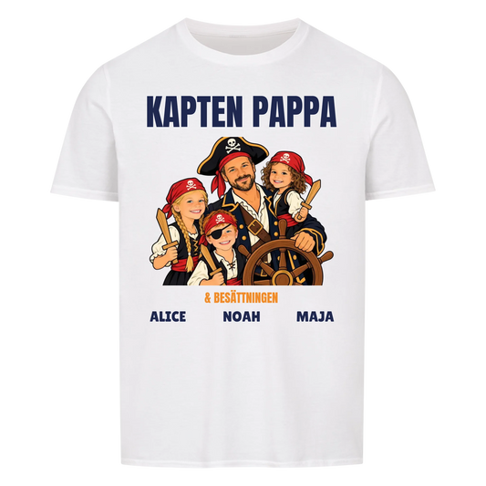 Kapten pappa t-shirt med ditt foto som tecknad piratkapten och barnens namn. Personlig present till pappa