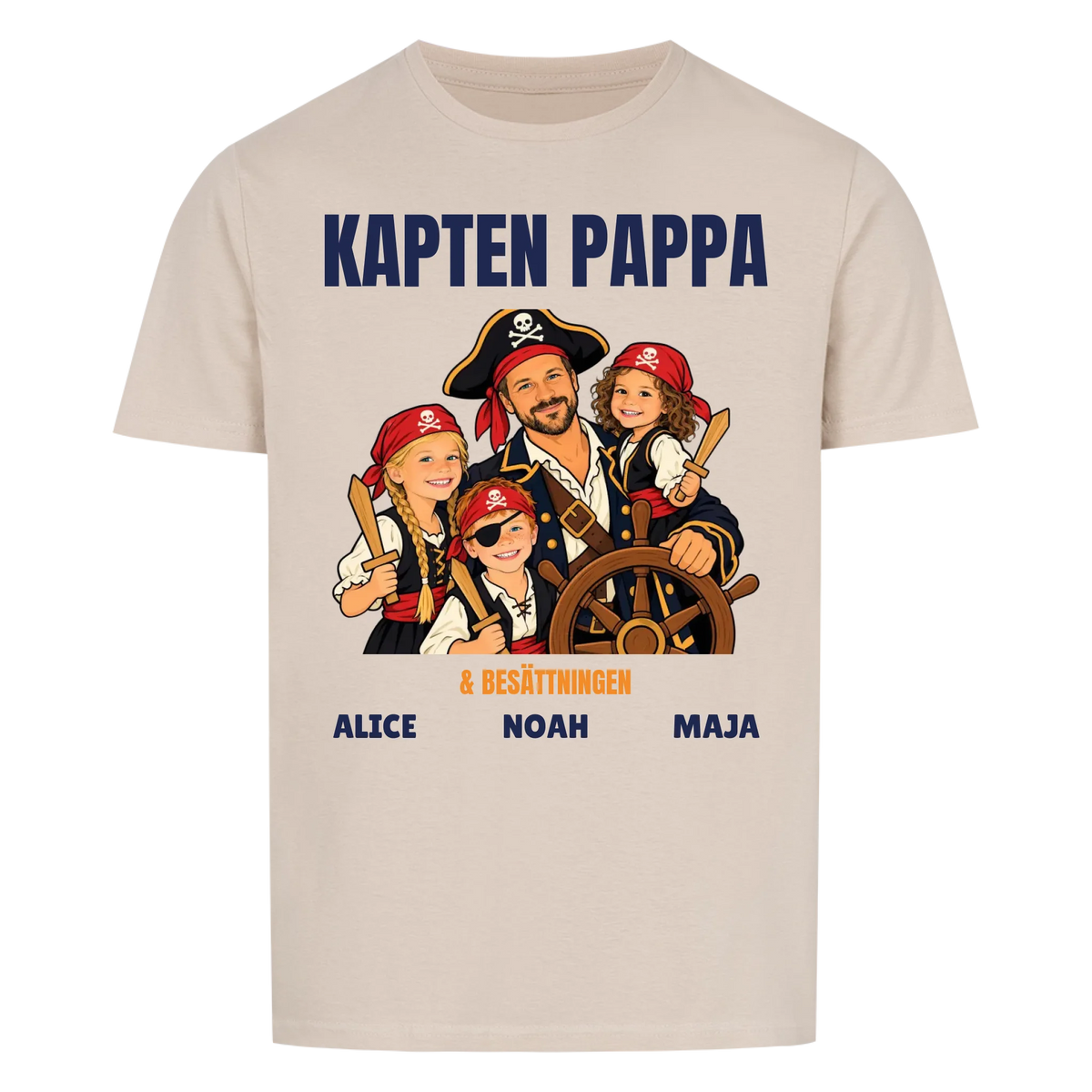 Kapten pappa t-shirt med ditt foto som tecknad piratkapten och barnens namn. Personlig present till pappa