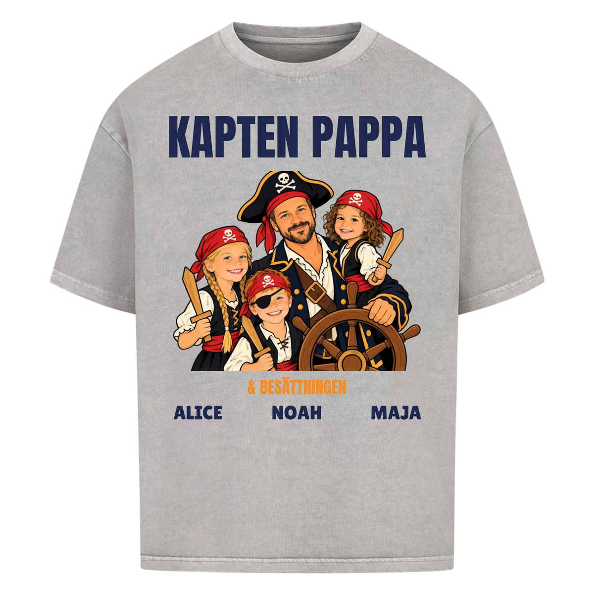Kapten pappa t-shirt med ditt foto som tecknad piratkapten och barnens namn. Personlig present till pappa