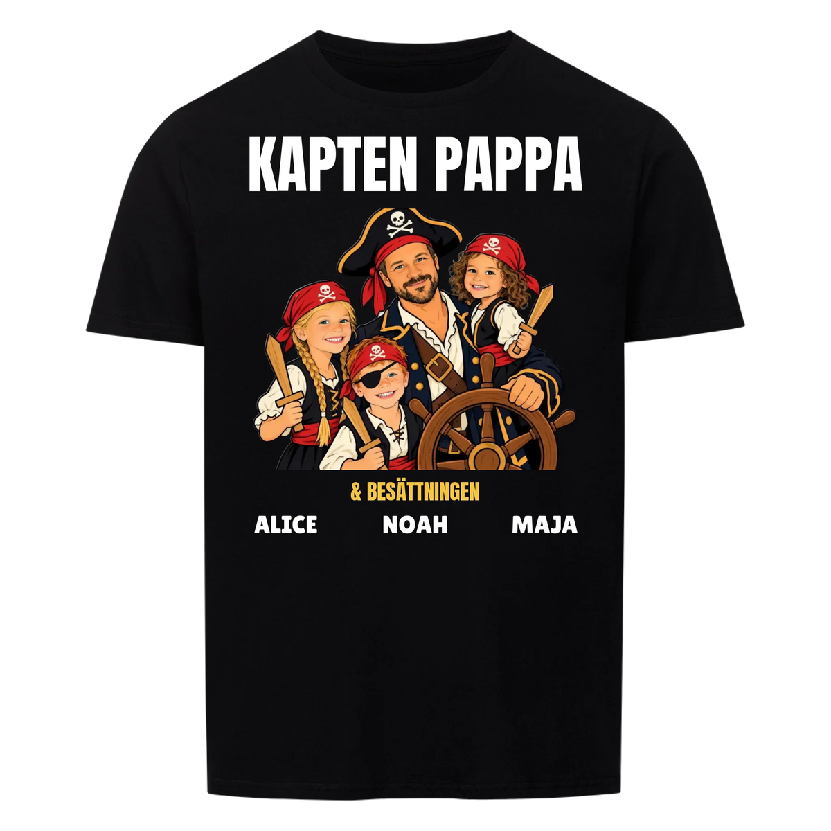 Kapten pappa t-shirt med ditt foto som tecknad piratkapten och barnens namn. Personlig present till pappa