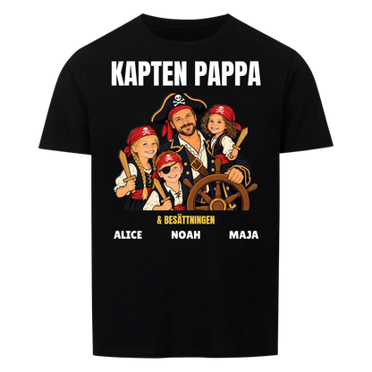 Kapten pappa t-shirt med ditt foto som tecknad piratkapten och barnens namn. Personlig present till pappa