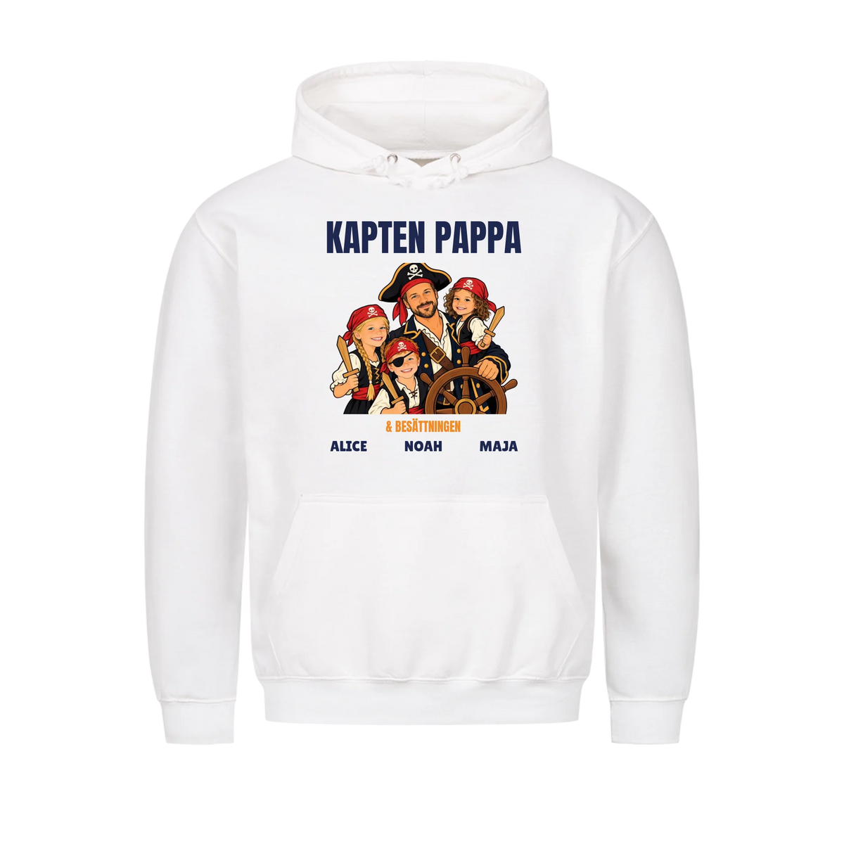 Kapten pappa t-shirt med ditt foto som tecknad piratkapten och barnens namn. Personlig present till pappa