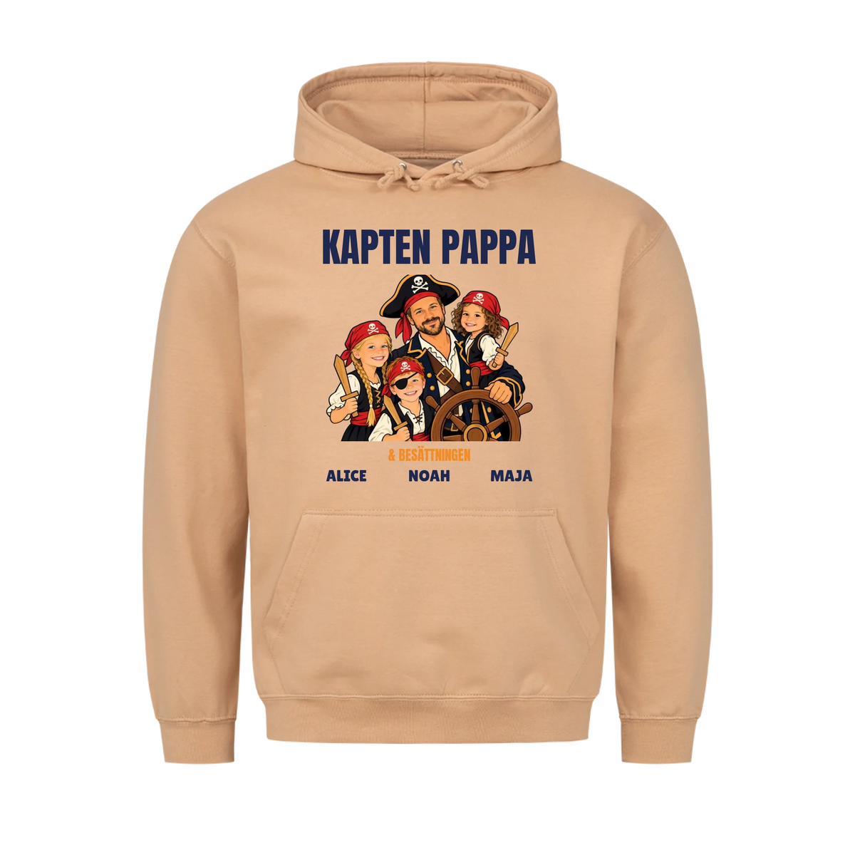 Kapten pappa t-shirt med ditt foto som tecknad piratkapten och barnens namn. Personlig present till pappa