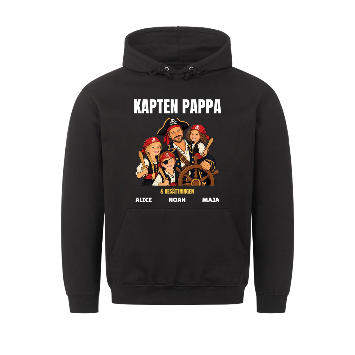 Kapten pappa t-shirt med ditt foto som tecknad piratkapten och barnens namn. Personlig present till pappa