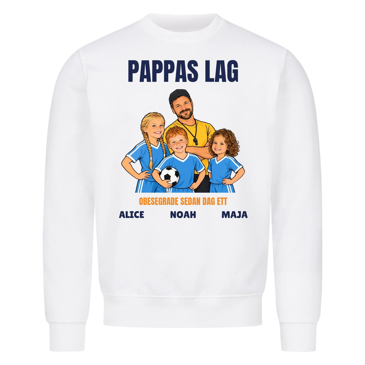 Pappas lag t-shirt med ditt foto som tecknad tränare och barnens namn. Personlig present till pappa