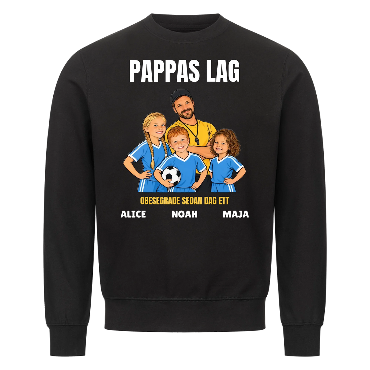 Pappas lag t-shirt med ditt foto som tecknad tränare och barnens namn. Personlig present till pappa