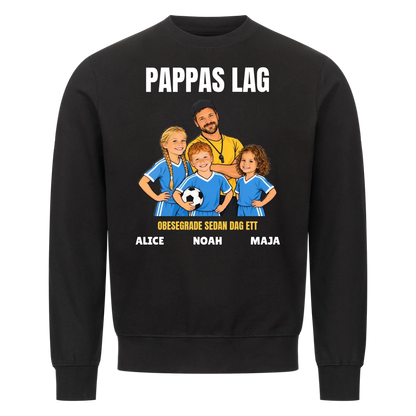 Pappas lag t-shirt med ditt foto som tecknad tränare och barnens namn. Personlig present till pappa