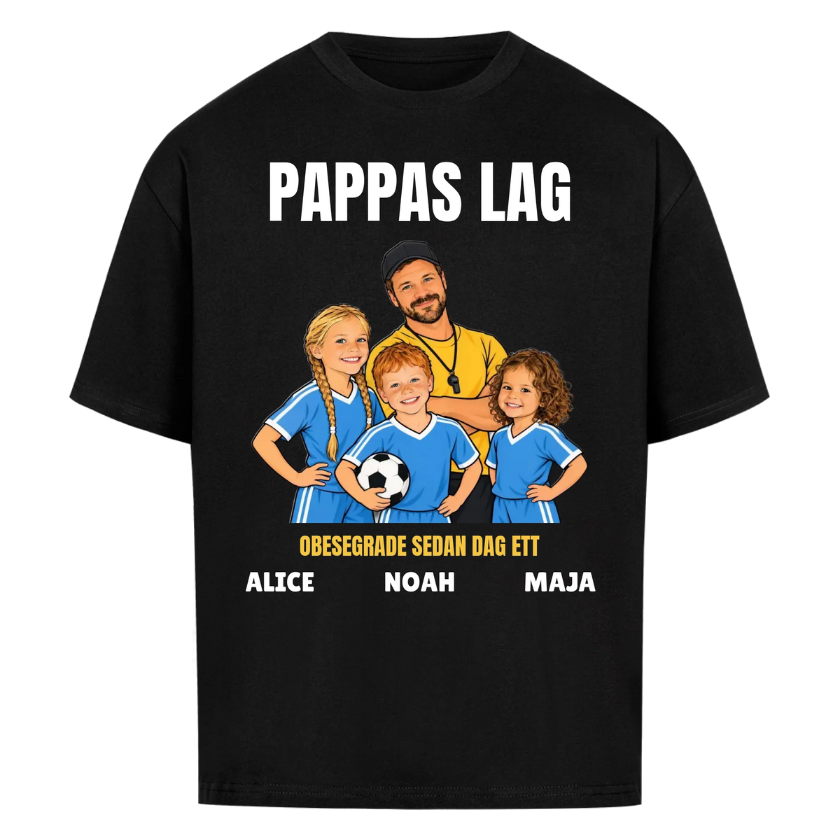 Pappas lag t-shirt med ditt foto som tecknad tränare och barnens namn. Personlig present till pappa