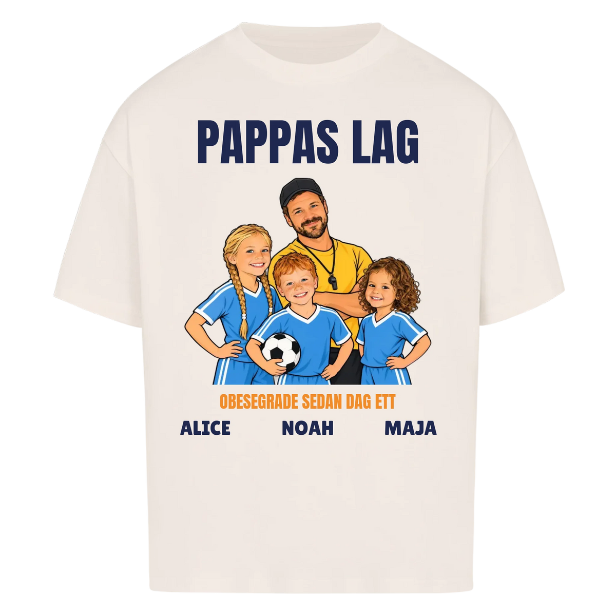 Pappas lag t-shirt med ditt foto som tecknad tränare och barnens namn. Personlig present till pappa