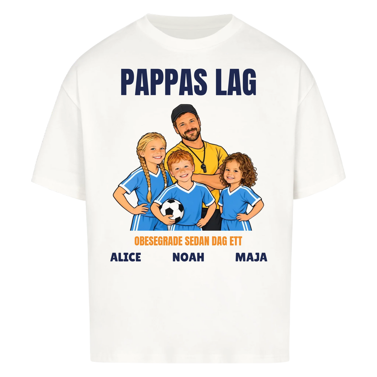 Pappas lag t-shirt med ditt foto som tecknad tränare och barnens namn. Personlig present till pappa